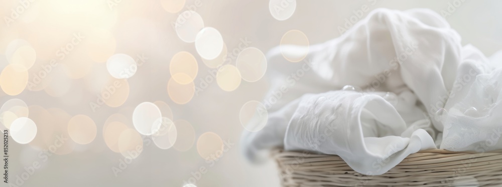 Basket of white laundry with a bokeh background. Spring cleaning concept, banner with copy space for cleaning service. Basket of white laundry with a bokeh background. Spring cleaning concept, banner with copy space for cleaning service.
