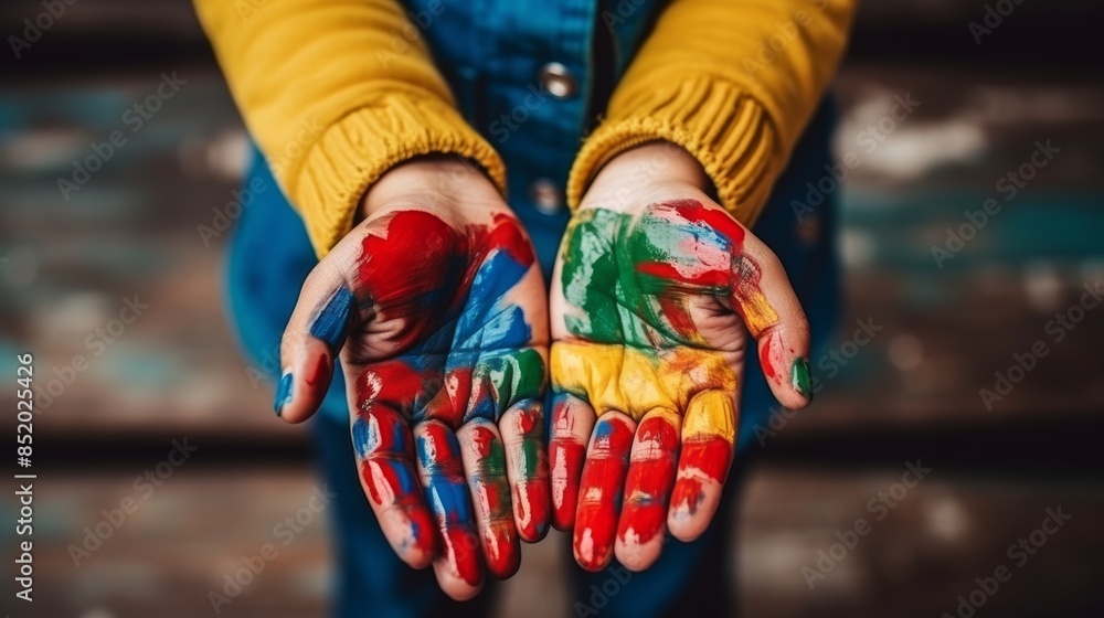 Child s hands in colorful paint, promoting creativity and education as a learning concept Child s hands in colorful paint, promoting creativity and education as a learning concept