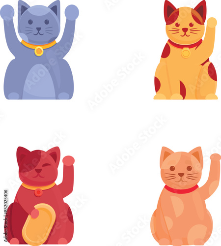 Japenese cat icons set cartoon vector. Various cat maneki neko with raised paw. Asian figurine for good luck