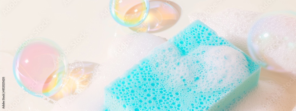 Blue sponge and sparkling soap bubbles on white background. Cleaning concept, banner for eco-friendly article or for cleaning service. Blue sponge and sparkling soap bubbles on white background. Cleaning concept, banner for eco-friendly article or for cleaning service.