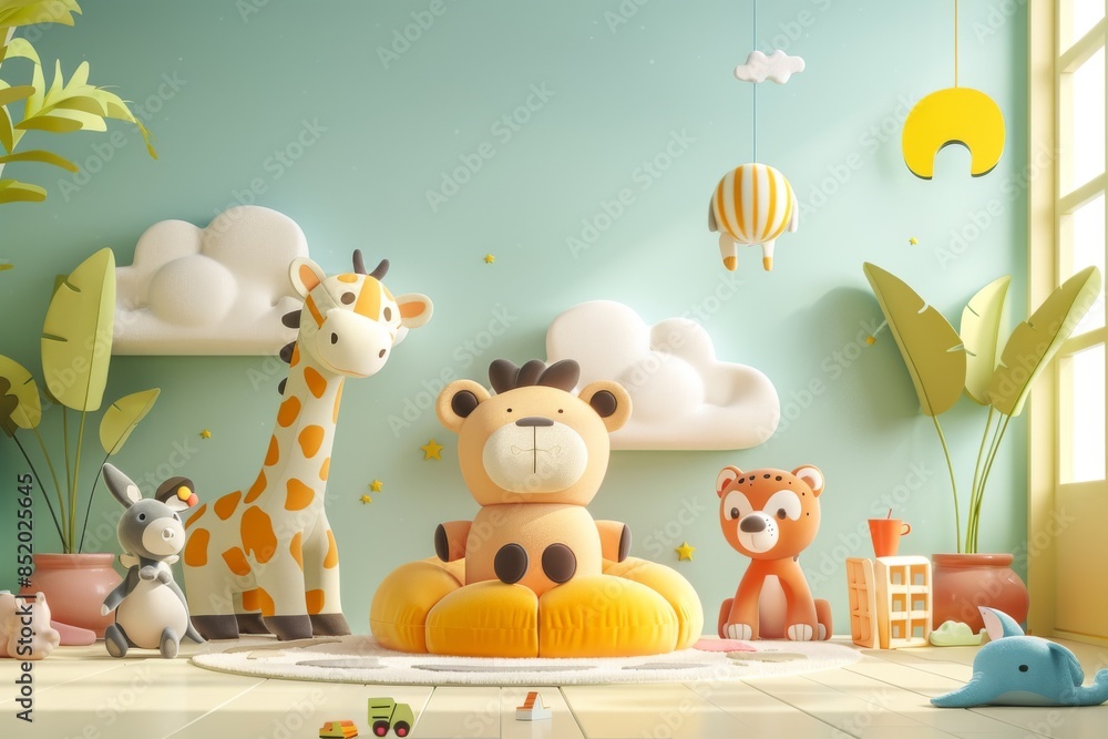 A Playful Paradise: Plush Animal Friends Gather for a Day of Imaginary Adventures in a Whimsical Nursery A Playful Paradise: Plush Animal Friends Gather for a Day of Imaginary Adventures in a Whimsical Nursery
