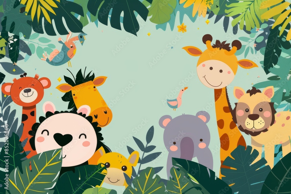 Naklejka premium A Whimsical Jungle Gathering of Smiling Animal Friends