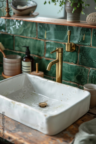 Interior Design Trends. Gold Faucet / Plumbing. Sink Close Up in Bathroom. Emerald Green Glossy Tile. Wabi Sabi Style photo