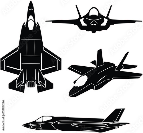 Military fighter jet vector set with outline