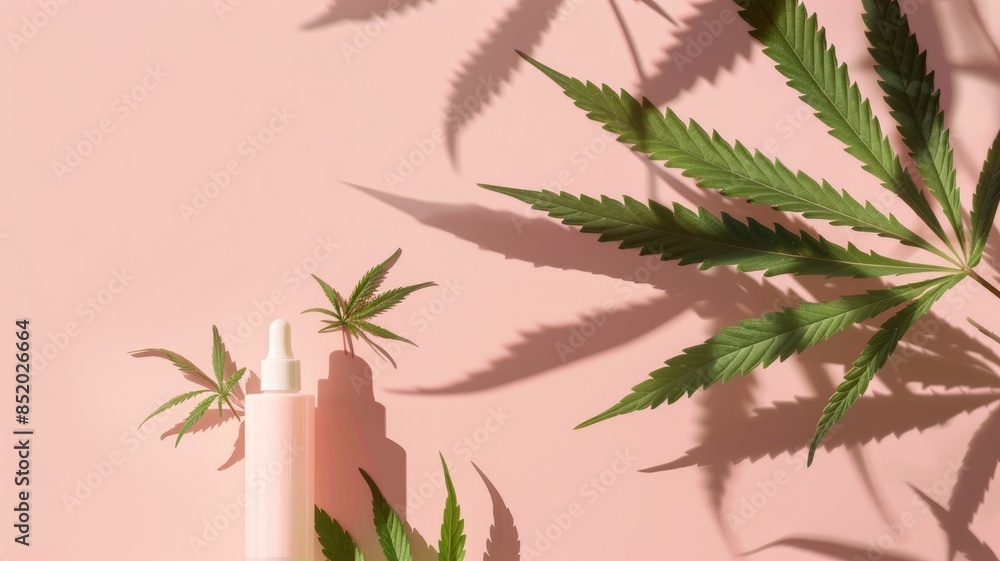 Fototapeta premium CBD oil bottle with cannabis leaves on pink background, creating shadows