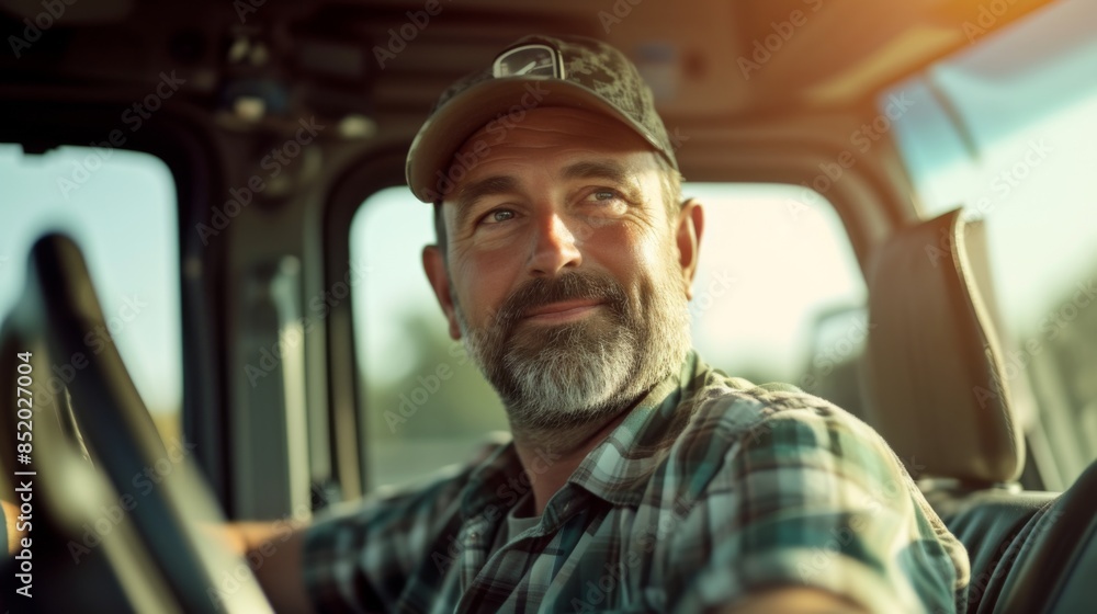 A happy truck driver sits in the cabin, looking at the camera with a sense of fulfillment and pride in his profession A happy truck driver sits in the cabin, looking at the camera with a sense of fulfillment and pride in his profession