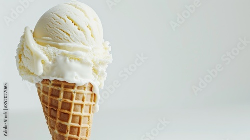 Delicious vanilla ice cream scoop in waffle cone against white background photo