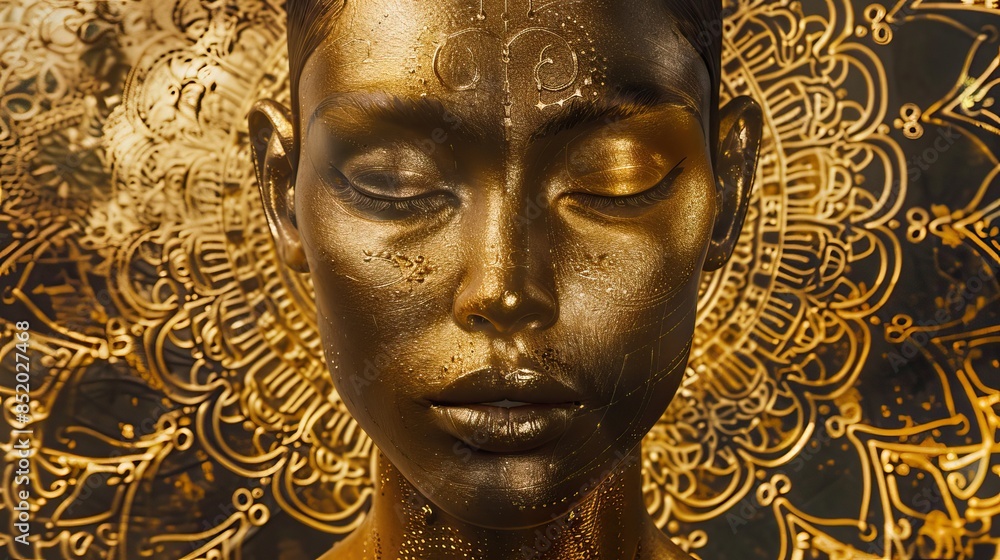 Gold statue of a woman with a mandala background. Glamour and beauty woman portrait gold. High quality AI generated image Gold statue of a woman with a mandala background. Glamour and beauty woman portrait gold. High quality AI generated image