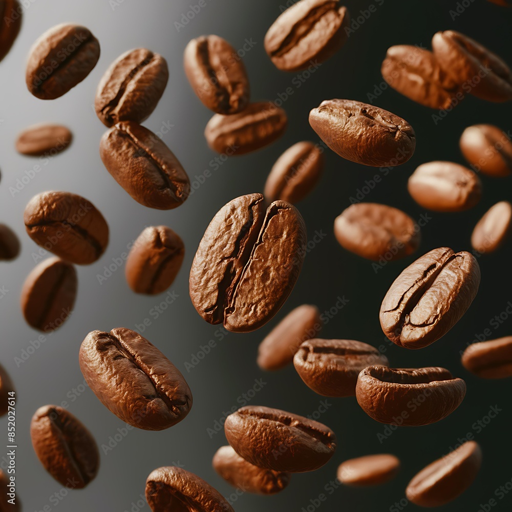 Floating and Rotating Coffee Beans in Mid-Air : Dynamic Motion Image with Various Angles and Depths Floating and Rotating Coffee Beans in Mid-Air : Dynamic Motion Image with Various Angles and Depths