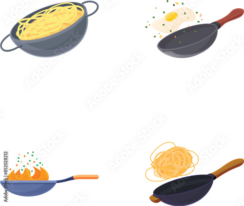 Cooking concept icons set cartoon vector. Various dishes cooked in frying pan. Product, food