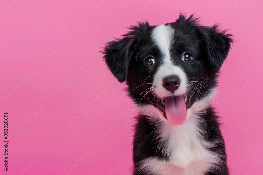 A cute black and white border collie puppy smiles with its tongue out against a pink background A cute black and white border collie puppy smiles with its tongue out against a pink background