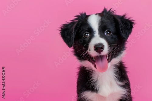 A cute black and white border collie puppy smiles with its tongue out against a pink background © mattegg