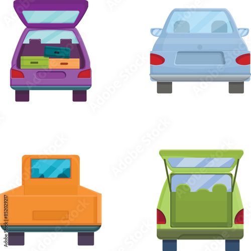 Automobile trunk icons set cartoon vector. Various minivan with open trunk. Back view