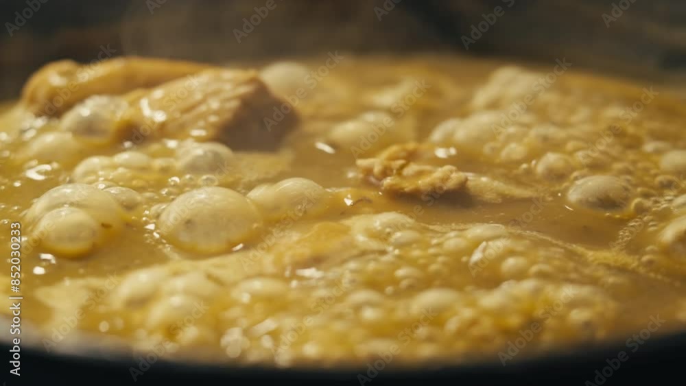 Green boiling sauce with chicken texture close-up macro. Cooking green chicken curry with spices by wooden spoon at home. Green boiling sauce with chicken texture close-up macro. Cooking green chicken curry with spices by wooden spoon at home.