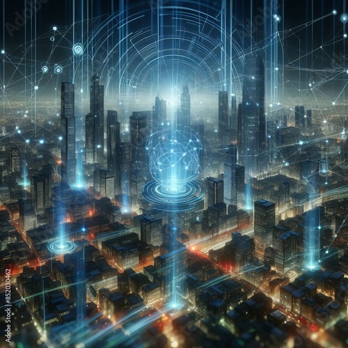 A futuristic cityscape illuminated by digital data overlays. Skyscrapers and buildings are interconnected with glowing lines, representing a highly connected, smart urban environment.. AI Generation