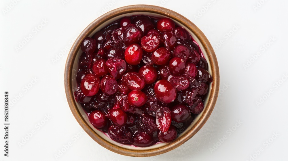 Top view of a bowl containing fresh cranberry sauce on a white background. Generative AI Top view of a bowl containing fresh cranberry sauce on a white background. Generative AI
