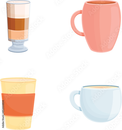 Frappe icons set cartoon vector. Various type of coffee drink. Coffee brewing