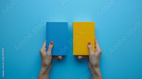 Two Hands Holding Blue and Yellow Book
