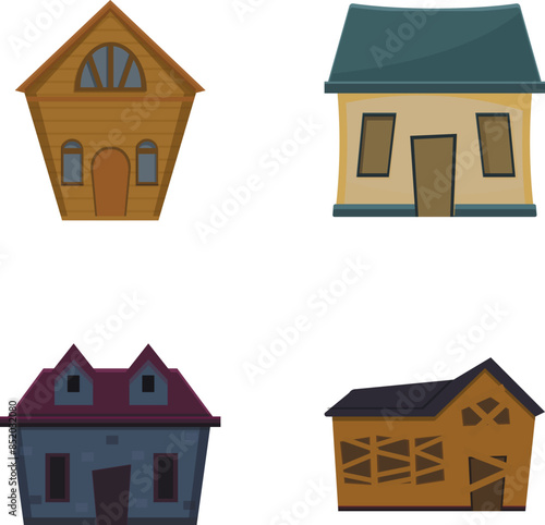 Decaying house icons set cartoon vector. Various dwelling in bad condition. Architecture theme