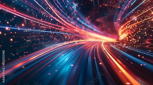Abstract colorful technology background of high-speed data transmission, representation of emitting colorful electromagnetic waves & fiber data transmission