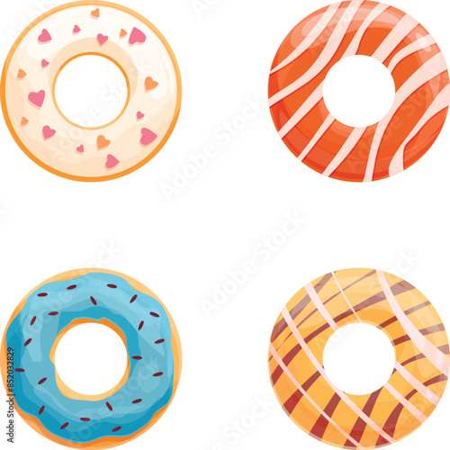 Colorful donut icons set cartoon vector. Fresh glazed sweet donut. Dessert, sweet food