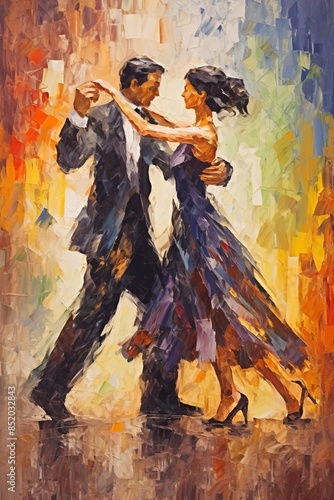 Elegant couple dancing in vibrant colors. Concept of romance, movement, and passion. Oil painting. Metaphorical associative card. Psychological abstract picture. Vertical