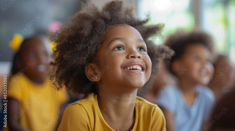 Smiling young African American girl in classroom with classmates Smiling young African American girl in classroom with classmates