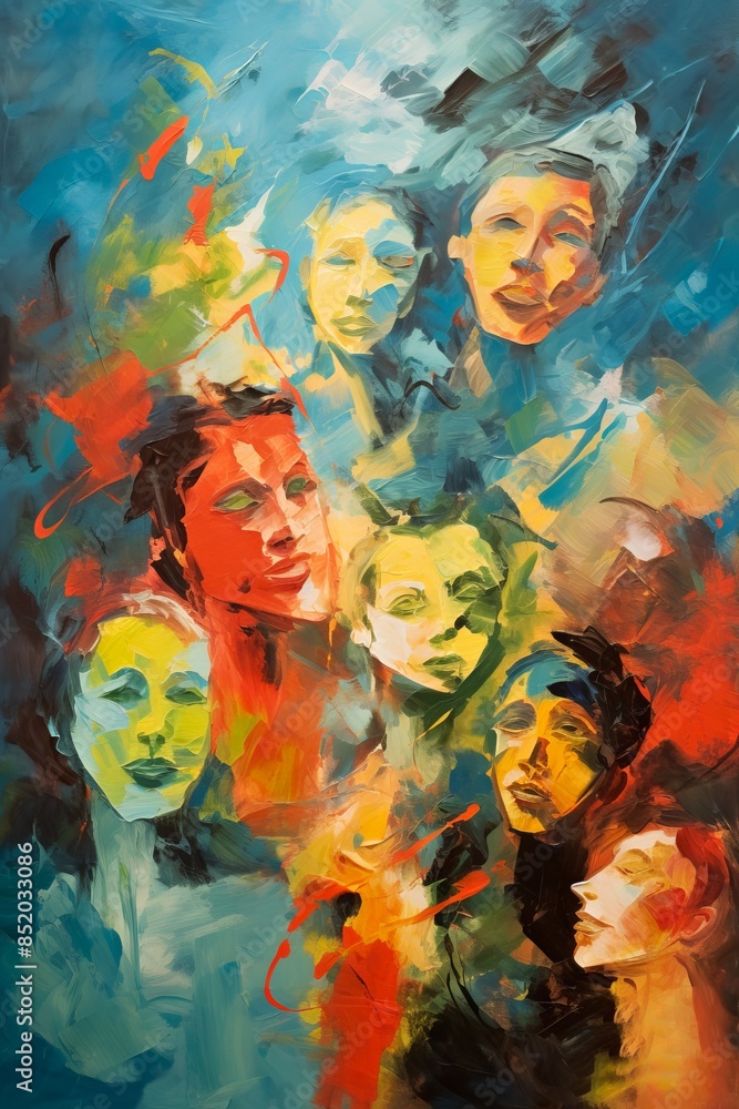 Abstract faces in a colorful, expressive composition. Concept of identity, diversity, and emotion. Oil painting. Metaphorical associative card. Psychological abstract picture. Vertical Abstract faces in a colorful, expressive composition. Concept of identity, diversity, and emotion. Oil painting. Metaphorical associative card. Psychological abstract picture. Vertical