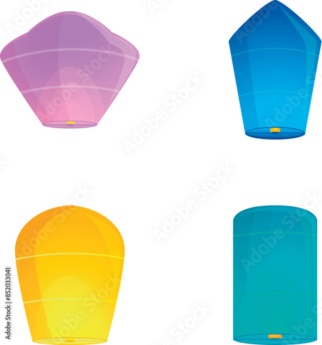 Lantern icons set cartoon vector. Different colorful sky lantern. Culture, tradition