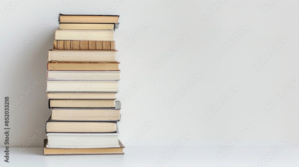 Books stacked with white background horizontal image with room for text Books stacked with white background horizontal image with room for text