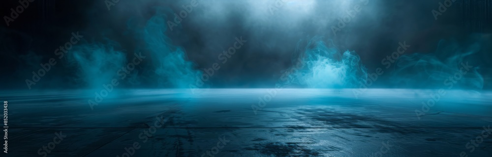 Dark room with fog and light blue smoke, empty concrete floor Dark room with fog and light blue smoke, empty concrete floor