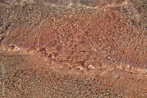 A detailed view of a sandy beach with waves breaking on the shore, featuring pink tones, pink sand and shell.