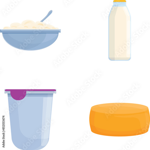 Dairy product icons set cartoon vector. Cottage cheese, milk, cheese and yogurt. Farm organic food
