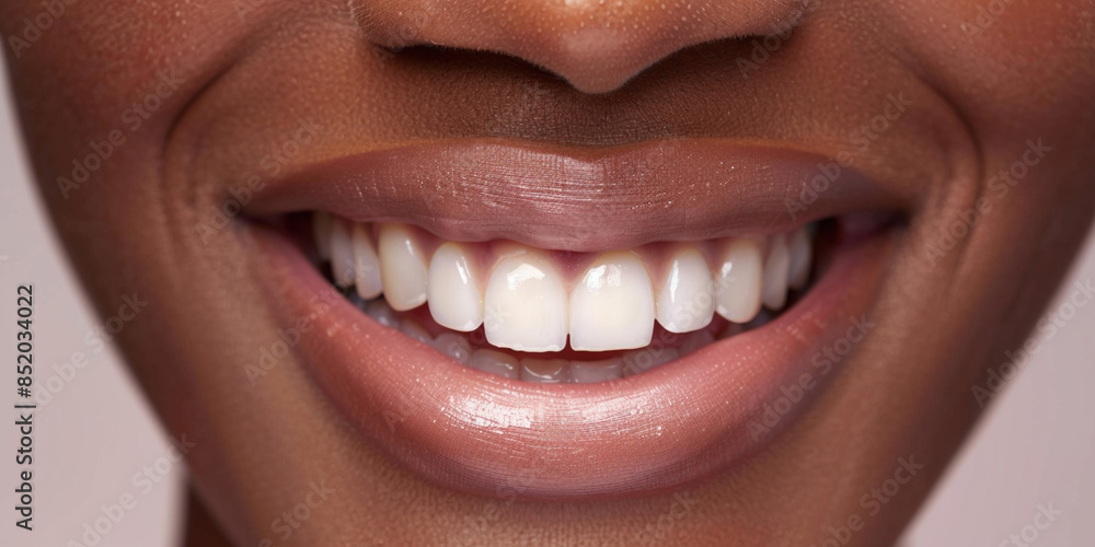 Close-up of African-American woman’s smile with white teeth, representing dental health, beauty, and confidence, highlighting the results of teeth whitening hygiene oral care Close-up of African-American woman’s smile with white teeth, representing dental health, beauty, and confidence, highlighting the results of teeth whitening hygiene oral care