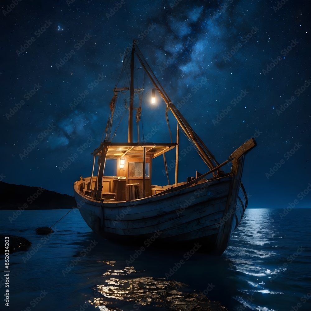 An image of a gently rocking boat at sea under a starry night sky. An image of a gently rocking boat at sea under a starry night sky.