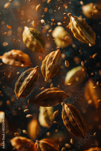 Aromatic Cardamom Pods in Flight on Warm Background