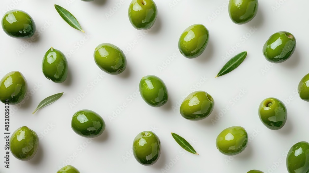 Fresh green olives on white backdrop Fresh green olives on white backdrop