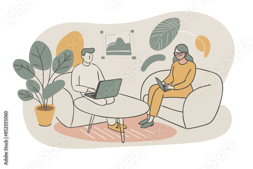 Flat design vector concept for psychotherapy session. Patient with psychologist, psychotherapist office. Psychiatrist session in mental health clinic. vector illustration