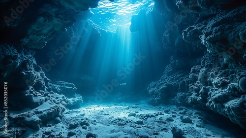 A breathtaking underwater cave scene, where the sunlight filters through the water, creating a stunning blue-green hue and highlighting the cave's unique rock formations.