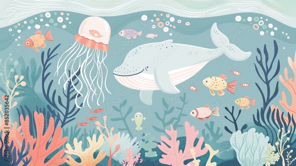 Fototapeta premium Watercolor style illustration background landscape ocean where whales, penguins, fish and dolphins are swimming in the summer sea. High quality AI generated image