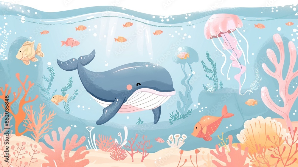 Naklejka premium Watercolor style illustration background landscape ocean where whales, penguins, fish and dolphins are swimming in the summer sea. High quality AI generated image
