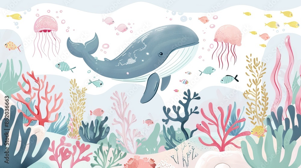 Fototapeta premium Watercolor style illustration background landscape ocean where whales, penguins, fish and dolphins are swimming in the summer sea. High quality AI generated image