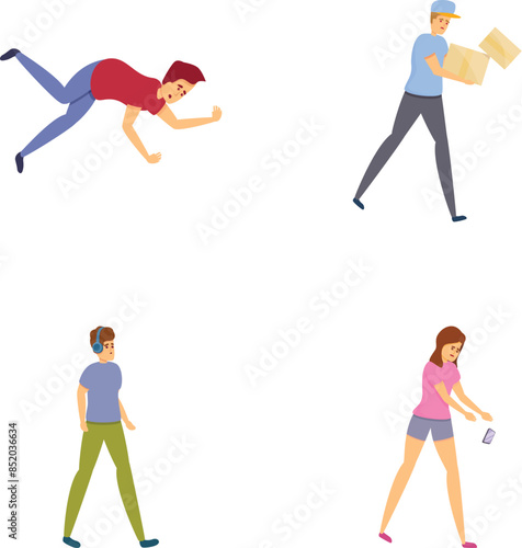 Unlucky day icons set cartoon vector. Case of physical trauma. Misfortune, failure, accident