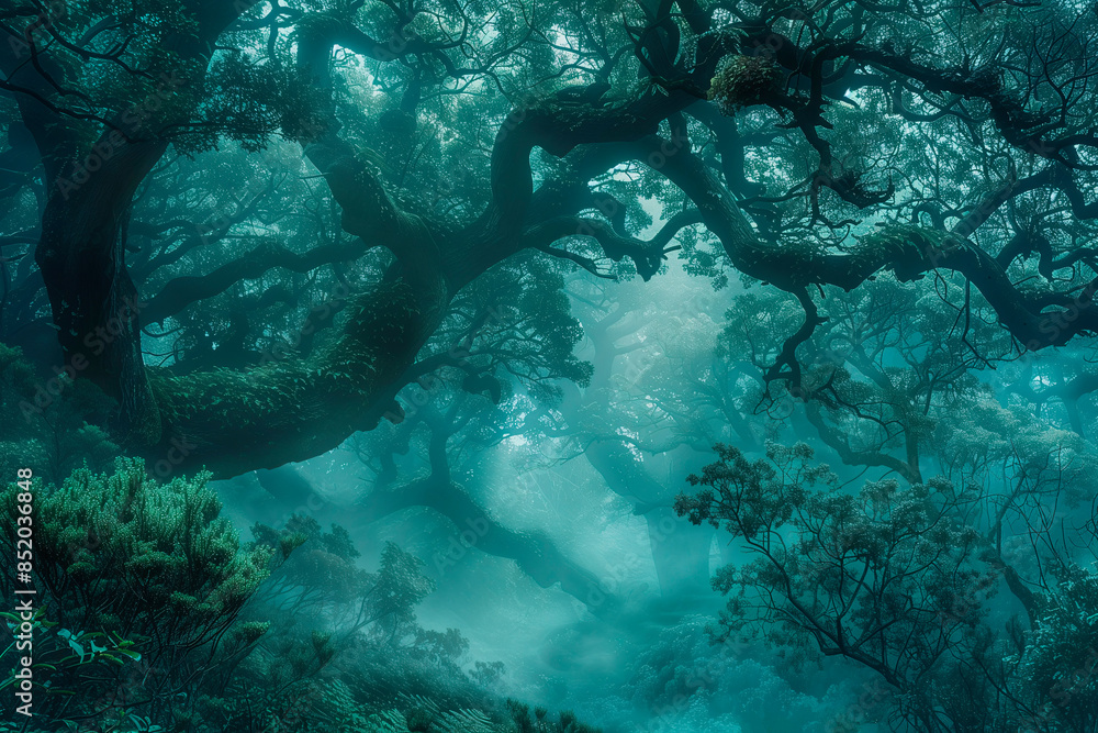 Ancient trees in enchanted forest weave complex pattern of greens shades, all hidden beneath mysterious veil of morning mist. Ancient trees in enchanted forest weave complex pattern of greens shades, all hidden beneath mysterious veil of morning mist.