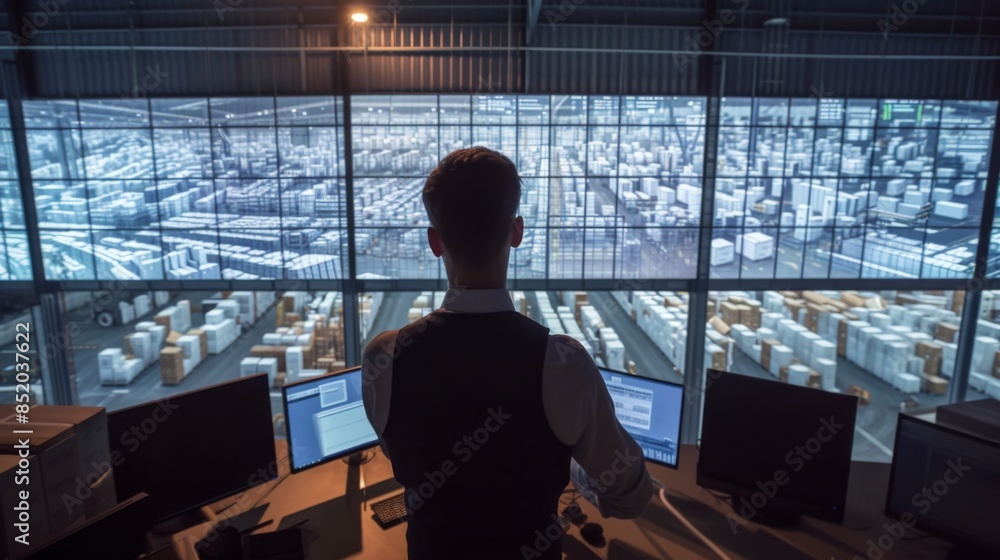 A logistics manager in the control room looks out over a busy distribution center. To track shipments in real time A logistics manager in the control room looks out over a busy distribution center. To track shipments in real time