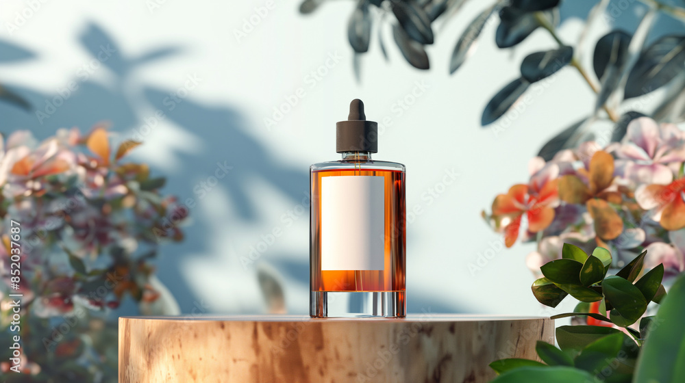 Perfume bottle mockup with white blank label stands on podium against beautiful background for branding product presentation Perfume bottle mockup with white blank label stands on podium against beautiful background for branding product presentation