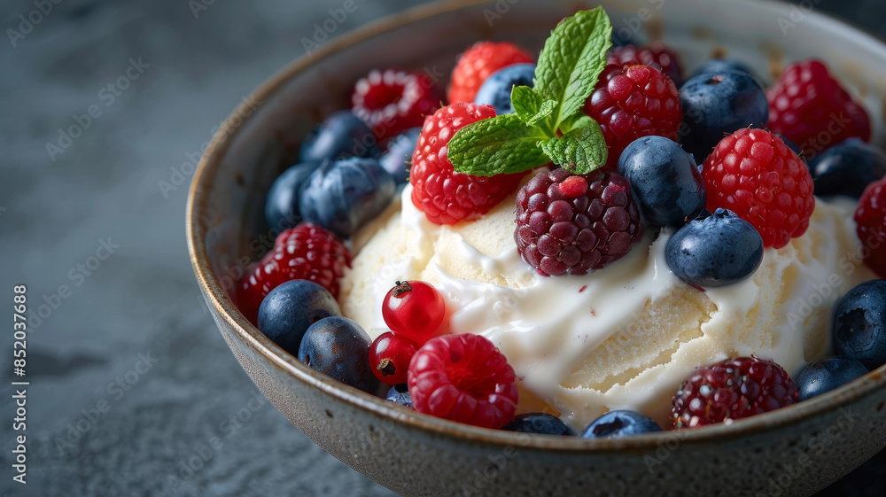 Delicious Vanilla Ice Cream with Fresh Berries and Mint Delicious Vanilla Ice Cream with Fresh Berries and Mint
