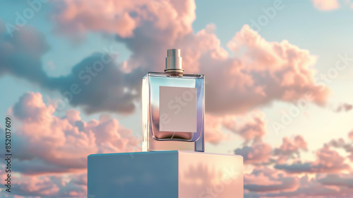 Perfume bottle mockup with white blank label stands on podium against beautiful background for branding product presentation