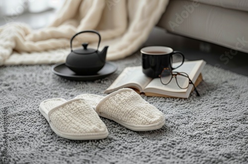 Cozy Living Room With Grey Slippers, Teapot, and Open Book