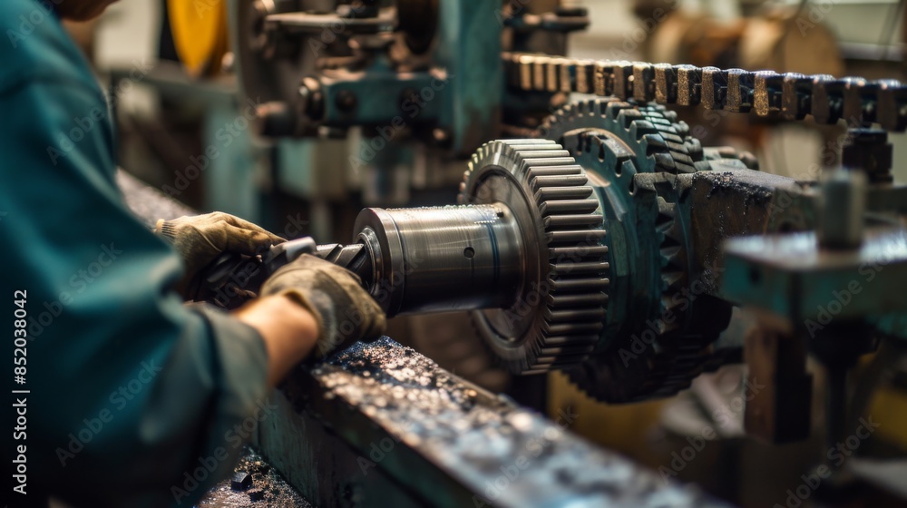 Obraz premium A metalworking process involves machining a gear wheel with oil lubrication, ensuring smooth and precise operation.